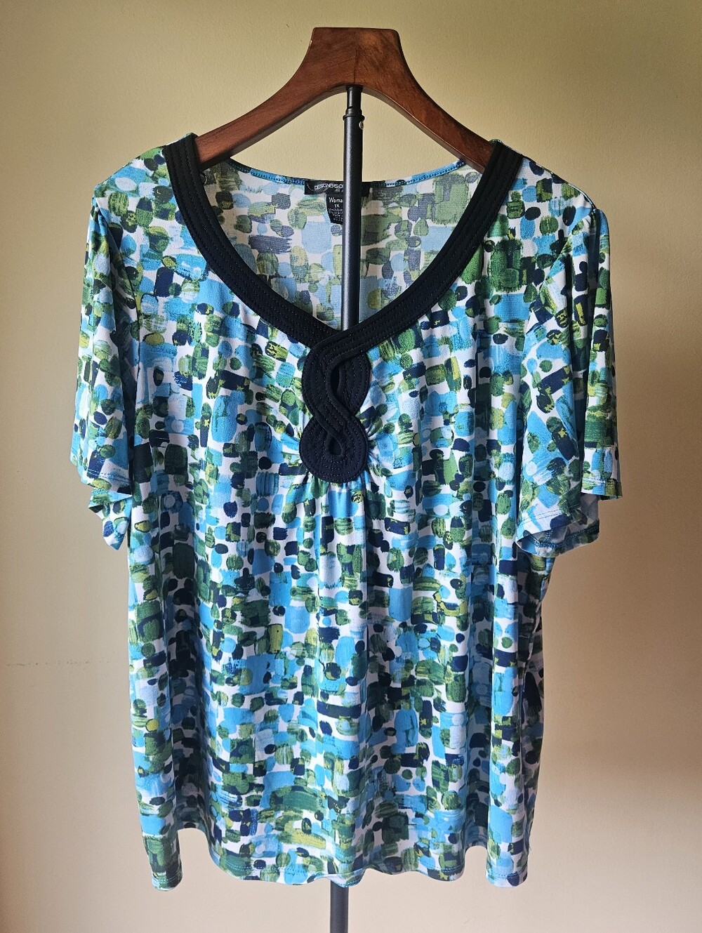 Designers Originals Blue & Green Abstract Short Sleeve Top Size 1X
